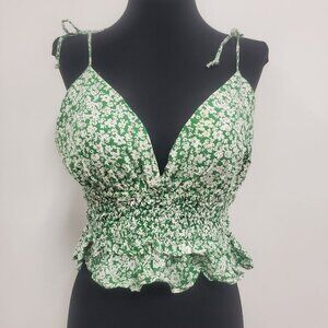 Sim‎ Sam Womens Floral Milkmaid Babydoll Crop Top Size M Green Coquette Smocked